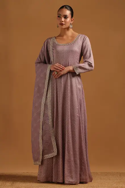 Purple Tissue Woven Design Gown With Hand Embroidery and Bead & Stone Details